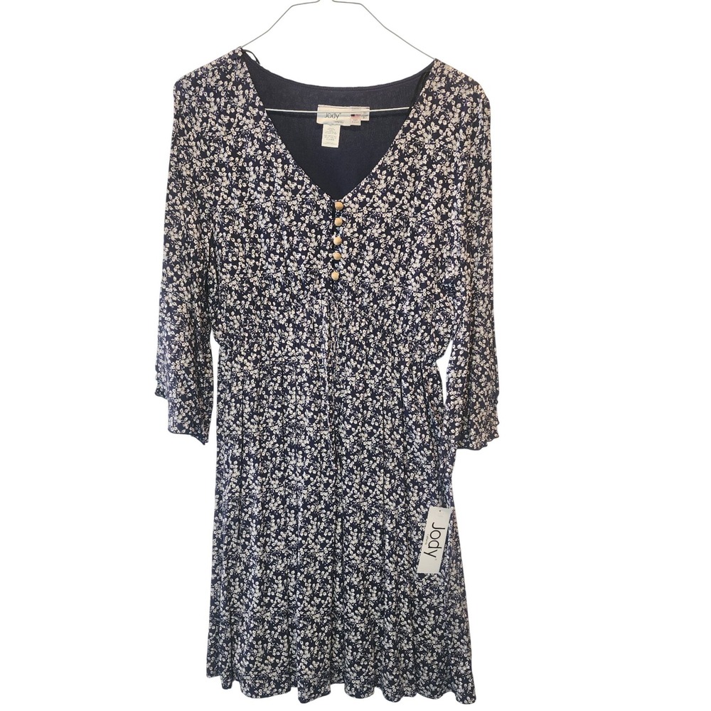 Jody California Navy Floral V-Neck Flowy Midi Dress Womens XL NWT